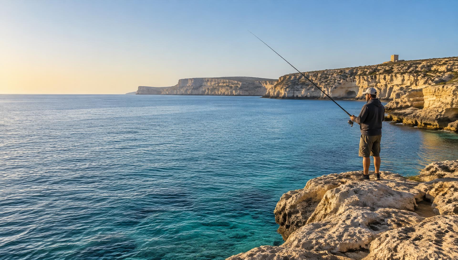 Angler fishing from Malta's rocky coastline overlooking the Mediterranean Sea.